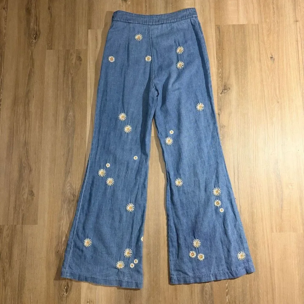 Free People Daisy Embroidered Wide Leg Jeans Boho Quiet Luxury Indie Sleaze 28
